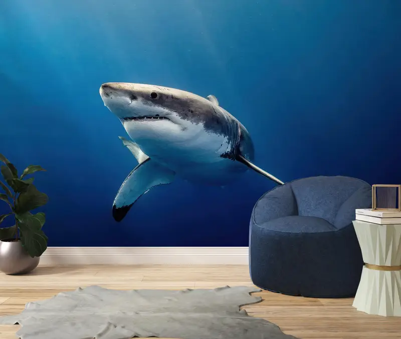 モダンなサメ水中ブルー壁紙: 寝室用のエレガントなプリントデザイン