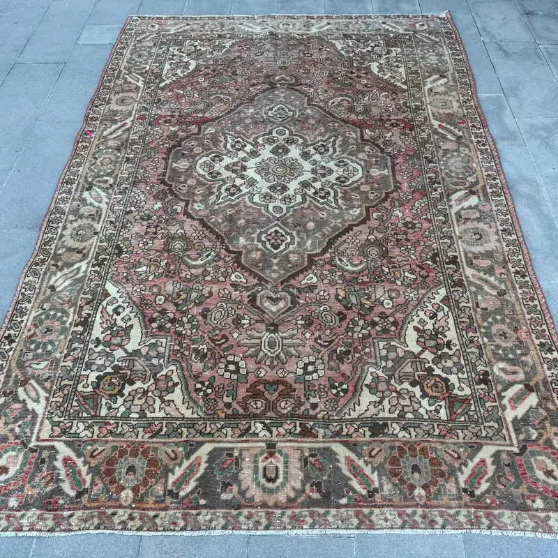Turkish 6.6x9.8 ft Rug, Large Vintage Rug, Red Brown Floral Wool Rug - 1