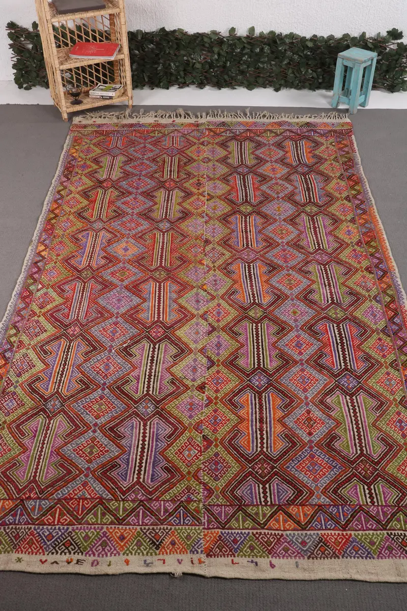 Türk Vintage Halı 6.1x10.2 ft (187x311 cm), Kilim Gökkuşağı Yün Halı - 1