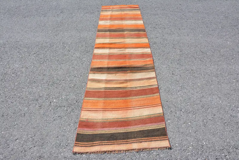 Alfombra vintage, alfombra turca Runner 2.5x10.2 ft, alfombra de lana abstracta marrón naranja - 1