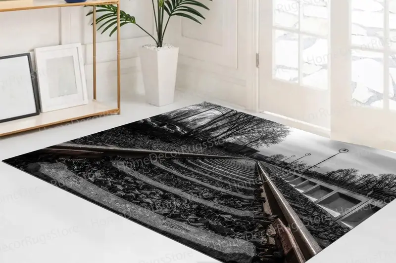 ノスタルジックな鉄道プリントラグ：エレガントな鉄道風景デザイン