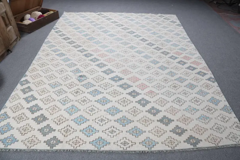Vintage Halı, 7.2x9.7 ft Büyük Halı, Mavi Beyaz Oushak Yün Halı - 1