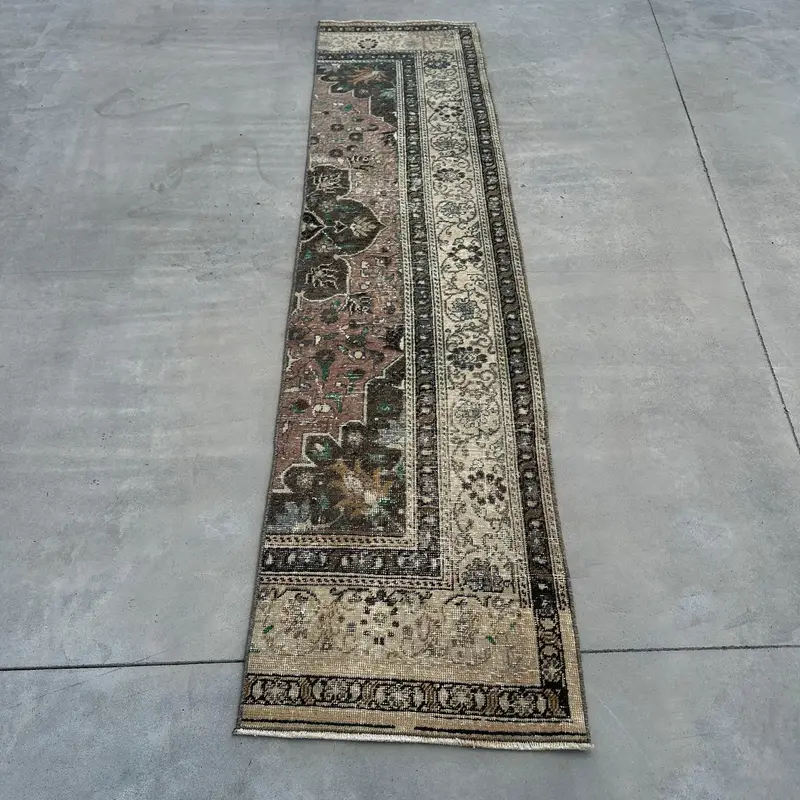 Turkish Runner Rug 1.7x7.4 ft, Brown Ikat Vintage Wool Rug - 1