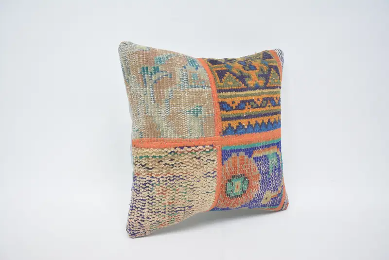 Ethnical Kilim Rug Pillow, Pattern Throw Cushion Cover, Handmade Kilim Cushion, 16x16 Blue Pillow Cover, Pillow Case, Pillow for Sofa - 3