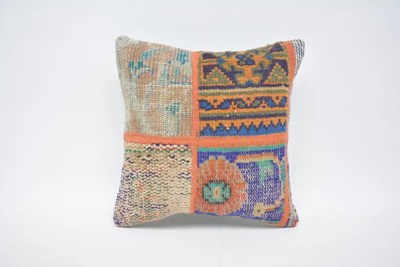 Ethnical Kilim Rug Pillow, Pattern Throw Cushion Cover, Handmade Kilim Cushion, 16x16 Blue Pillow Cover, Pillow Case, Pillow for Sofa - 1