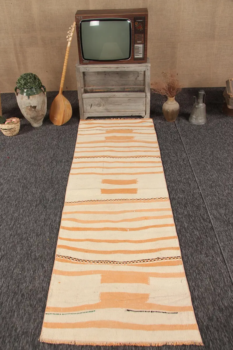 Alfombra vintage turca, alfombra corredor de 2,8x8,5 pies, alfombra de lana floral naranja blanca - 1