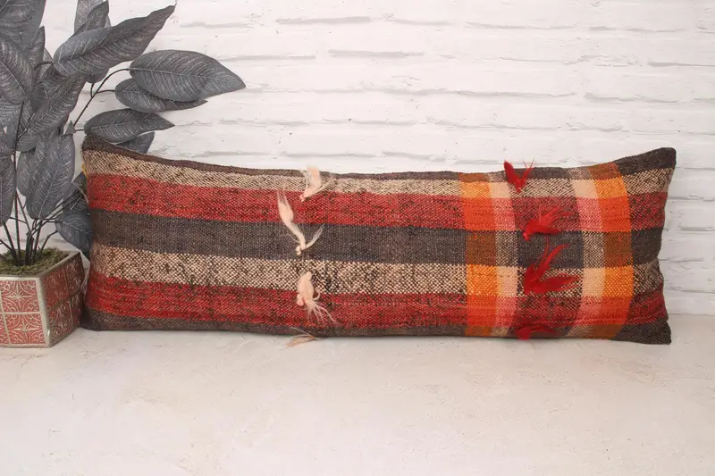 12x36 Red Pillow Cover, Vintage Kilim Pillow, Turkish Kilim Pillow, Outdoor Bolster Cushion Cover, Interior Designer Pillow, Pillow Sham - 1