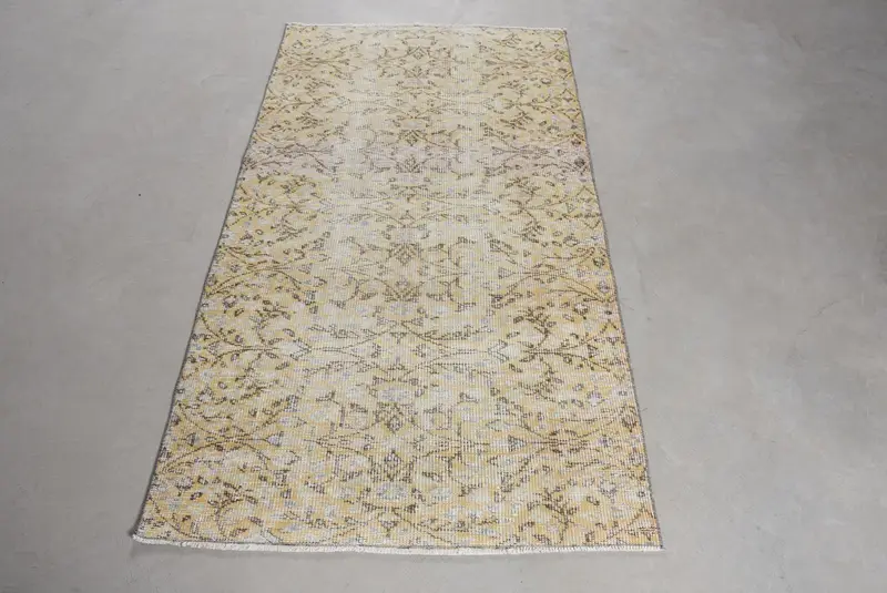 Türkischer Oushak-Akzentteppich 3,2 x 6 Fuß (99 x 182 cm), gelber Vintage-Südwestteppich - 1