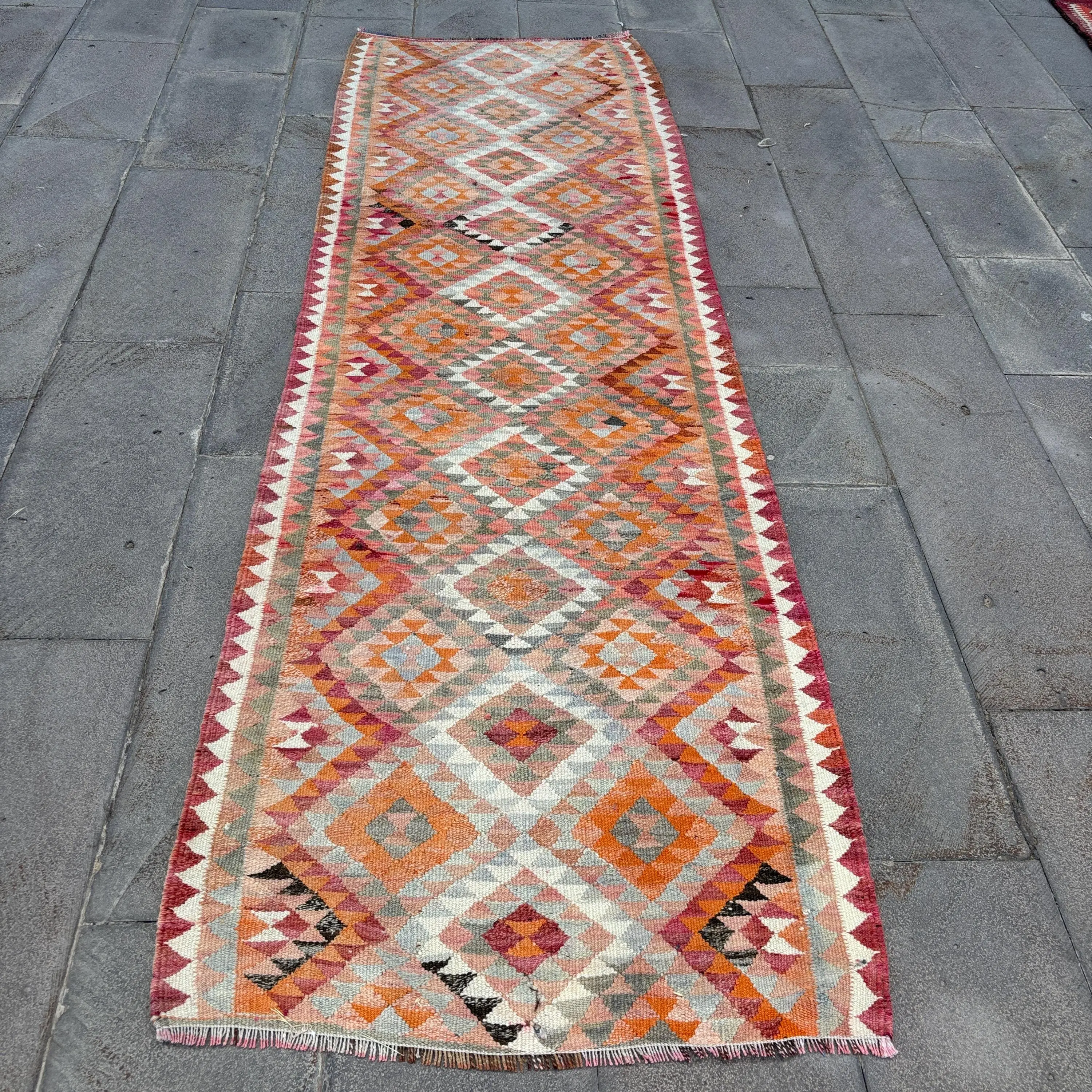 Vintage Turkish Rug, 2.9x9.1 ft Rug, Red Orange Southwestern Wool Rug - 1