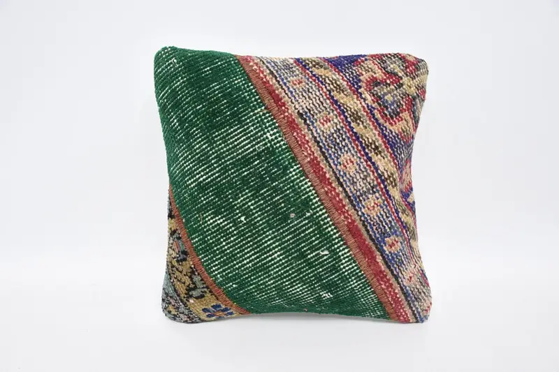 Striped Green Turkish Pillow, Antique 12x12 inch Wool Pillow Sham - 1
