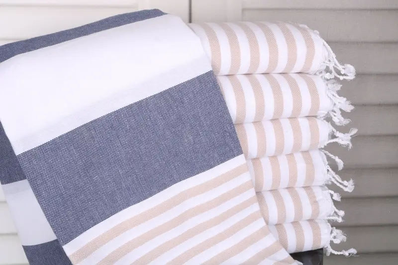 Beach Towel Personalized Turkish Cotton Navy Blue-Beige Stripes, 40x71 Inches