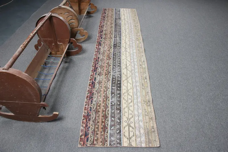 Oushak Rug, 2x8.9 ft Vintage Rug, Brown Floral Rug Wool - 1