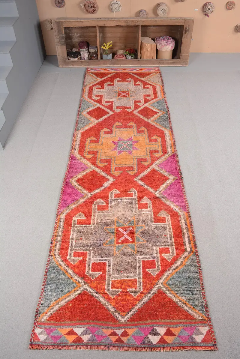 Turkish Rug, 3.5x11.5 ft Small Rug, Red Orange Herki Rug - 1