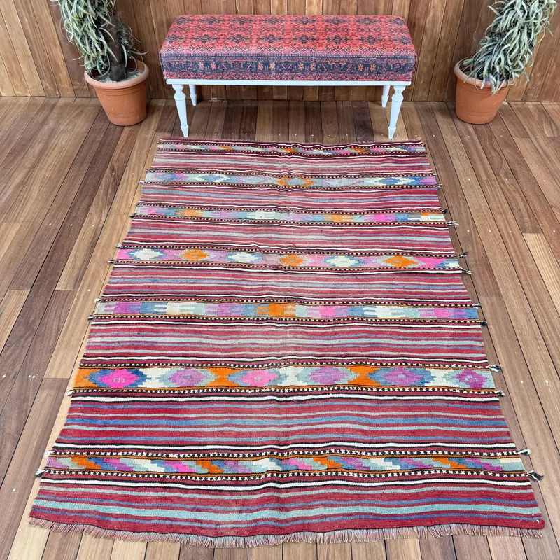 4.6x6.4 ft Area Vintage Rug, Turkish Rug, Red Blue Polka dot Wool Rug - 1