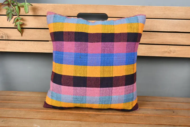 Cushion Cover, Handmade Rug Seat Cushion Cover, Turkish Pillow, 18x18 Pink Cushion Case, Ethnical Kilim Rug Pillow, Boho Pillow Sham Cover - 6