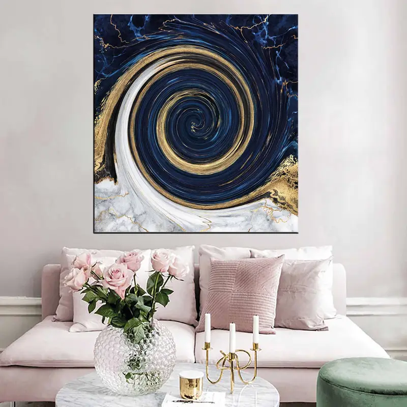 Navy Blue Canvas Art, Wall Decor, Printed Canvas, illusion art, Office Wall Decor, Interior Design, Home Decor Arts, Gold Canvas, Framed Art - 3