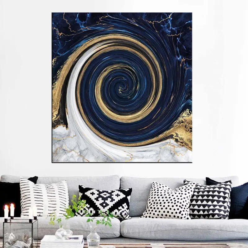 Navy Blue Canvas Art, Wall Decor, Printed Canvas, illusion art, Office Wall Decor, Interior Design, Home Decor Arts, Gold Canvas, Framed Art - 1