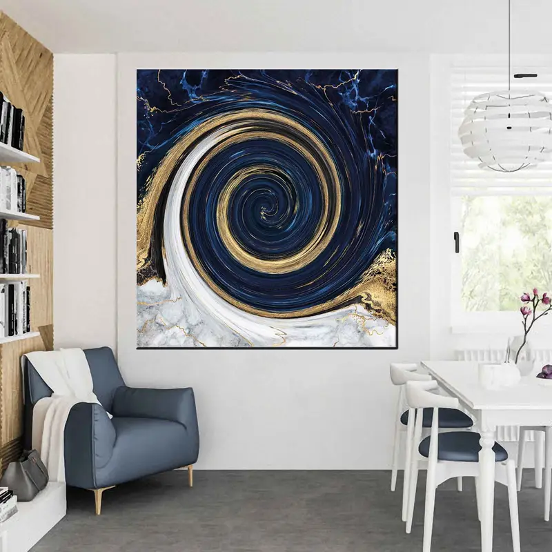 Navy Blue Canvas Art, Wall Decor, Printed Canvas, illusion art, Office Wall Decor, Interior Design, Home Decor Arts, Gold Canvas, Framed Art - 4