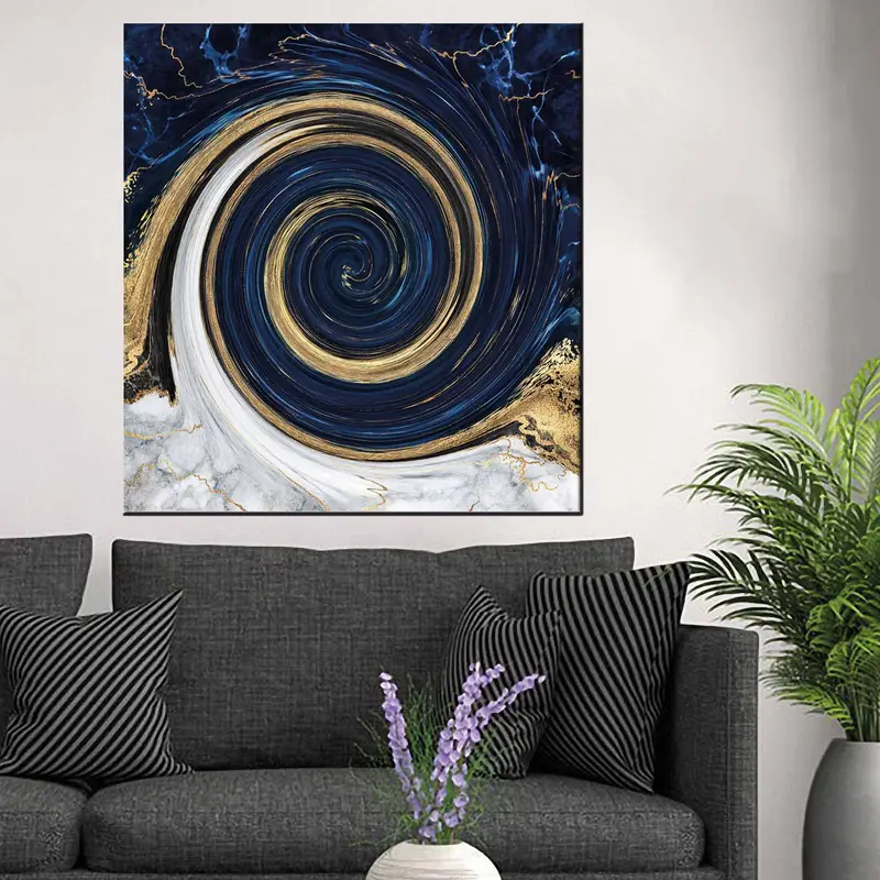 Navy Blue Canvas Art, Wall Decor, Printed Canvas, illusion art, Office Wall Decor, Interior Design, Home Decor Arts, Gold Canvas, Framed Art - 2