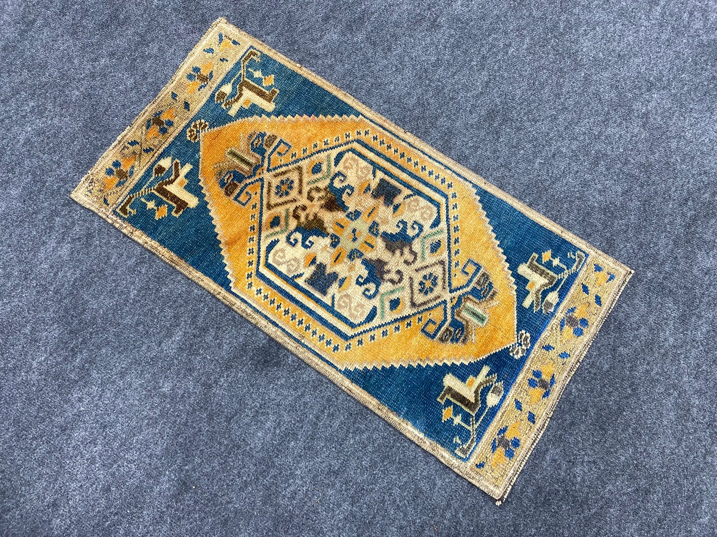 1.4x2.8 ft Vintage Rug, Turkish Small Rug, Blue Wool Rug - 1