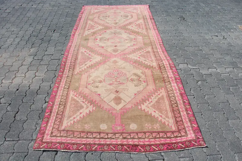 Turkish Oushak Rug 4.3x10.2 ft (130x312 cm), Pink Floral Vintage Rug - 1