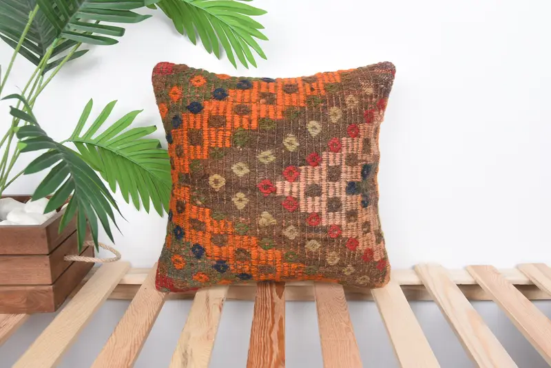 Accent Cushion Cover, Kilim Pillow, Turkish Pillow, Luxury Cushion Cover, 14x14 Orange Pillow Sham, Cushion, Boho Pillow - 1