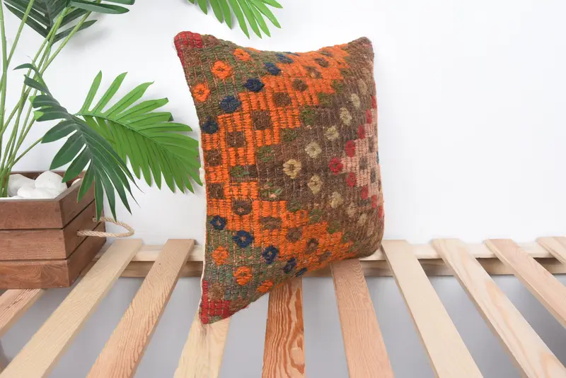 Accent Cushion Cover, Kilim Pillow, Turkish Pillow, Luxury Cushion Cover, 14x14 Orange Pillow Sham, Cushion, Boho Pillow - 4