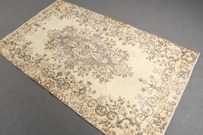 Vintage Oushak Rug 3.7x6.5 ft (114x198 cm), Beige Turkish Rug - 1