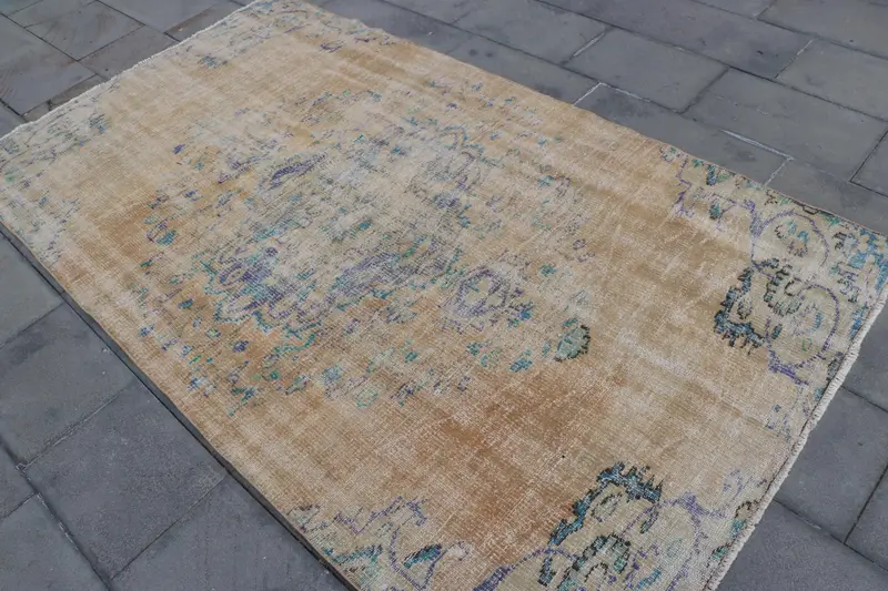 Turkish 4.4x7.8 ft Rug, Area Vintage Rug, Brown Blue Floral Rug - 1