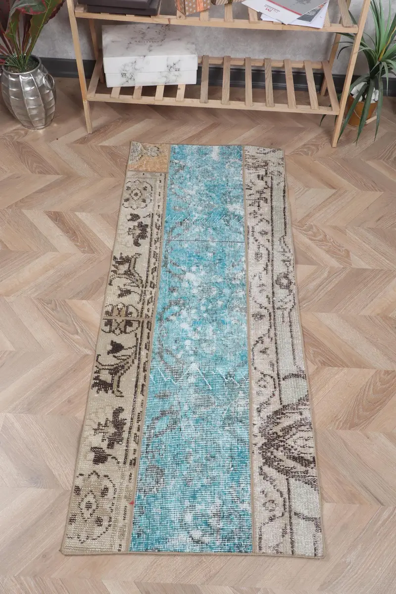 Blue & Beige Rug, 2x4.9 ft Geometric Floral Design