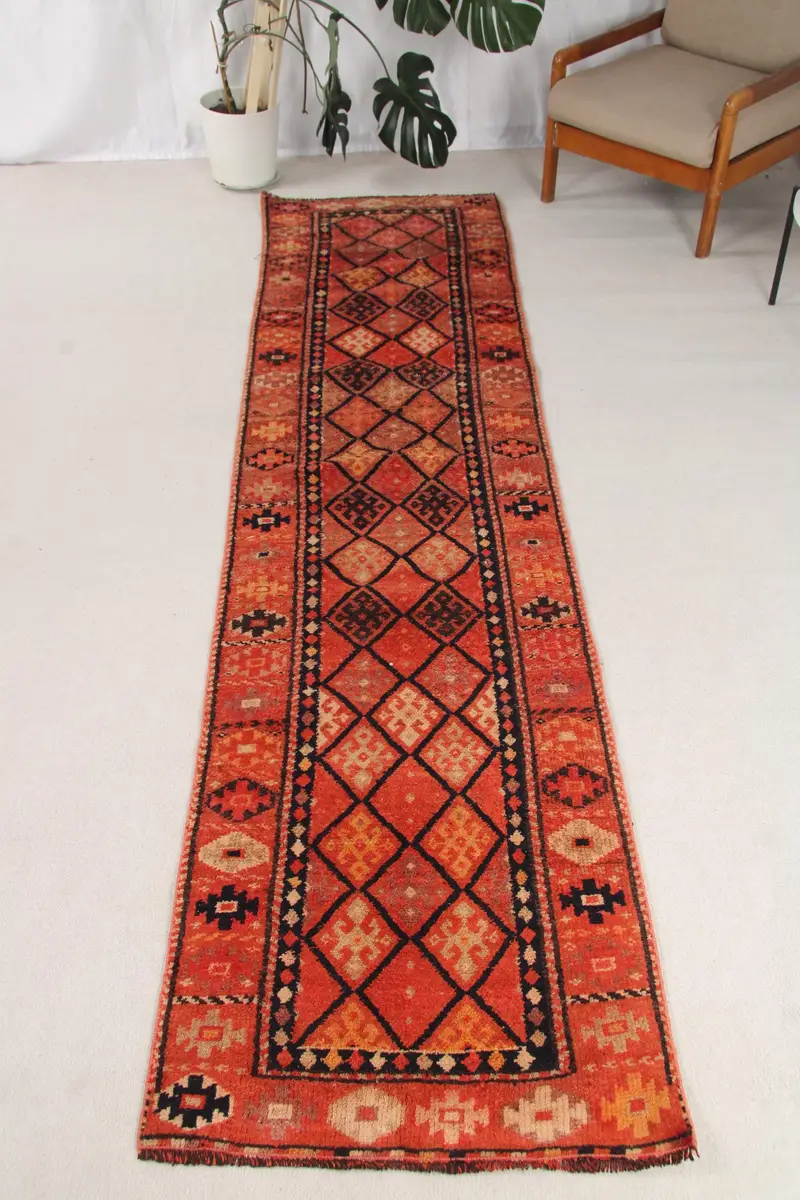 2.6x10.8 ft Herki Rug, Vintage Turkish Rug, Red Black Striped Rug - 1
