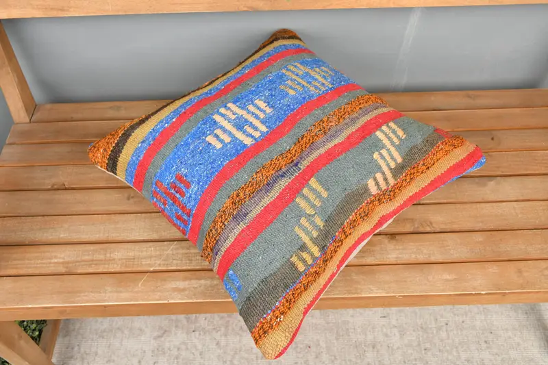 Kilim Pillow, Vintage Pillow, Cushion Cover, Turkish Bench Pillow Sham, 20x20 Blue Cushion Cover, Muted Pillow, Kilim Pillow Cover - 2