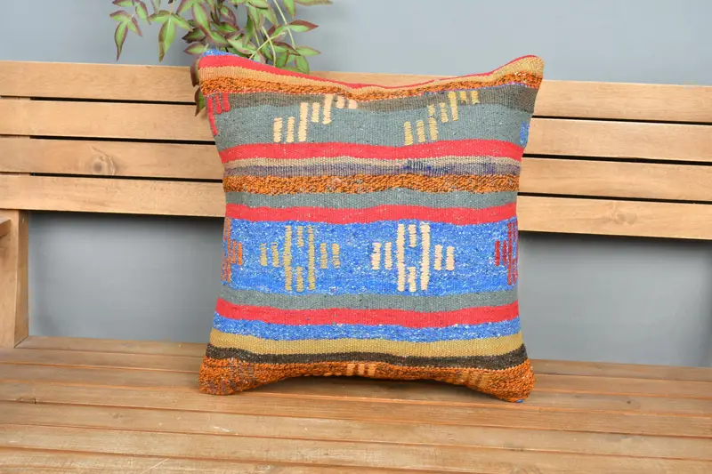 Kilim Pillow, Vintage Pillow, Cushion Cover, Turkish Bench Pillow Sham, 20x20 Blue Cushion Cover, Muted Pillow, Kilim Pillow Cover - 6