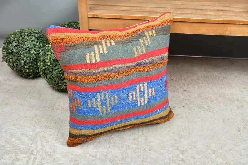 Kilim Pillow, Vintage Pillow, Cushion Cover, Turkish Bench Pillow Sham, 20x20 Blue Cushion Cover, Muted Pillow, Kilim Pillow Cover - 7