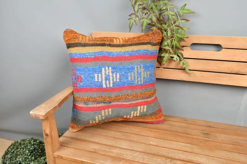 Kilim Pillow, Vintage Pillow, Cushion Cover, Turkish Bench Pillow Sham, 20x20 Blue Cushion Cover, Muted Pillow, Kilim Pillow Cover - 1