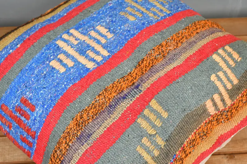 Kilim Pillow, Vintage Pillow, Cushion Cover, Turkish Bench Pillow Sham, 20x20 Blue Cushion Cover, Muted Pillow, Kilim Pillow Cover - 3