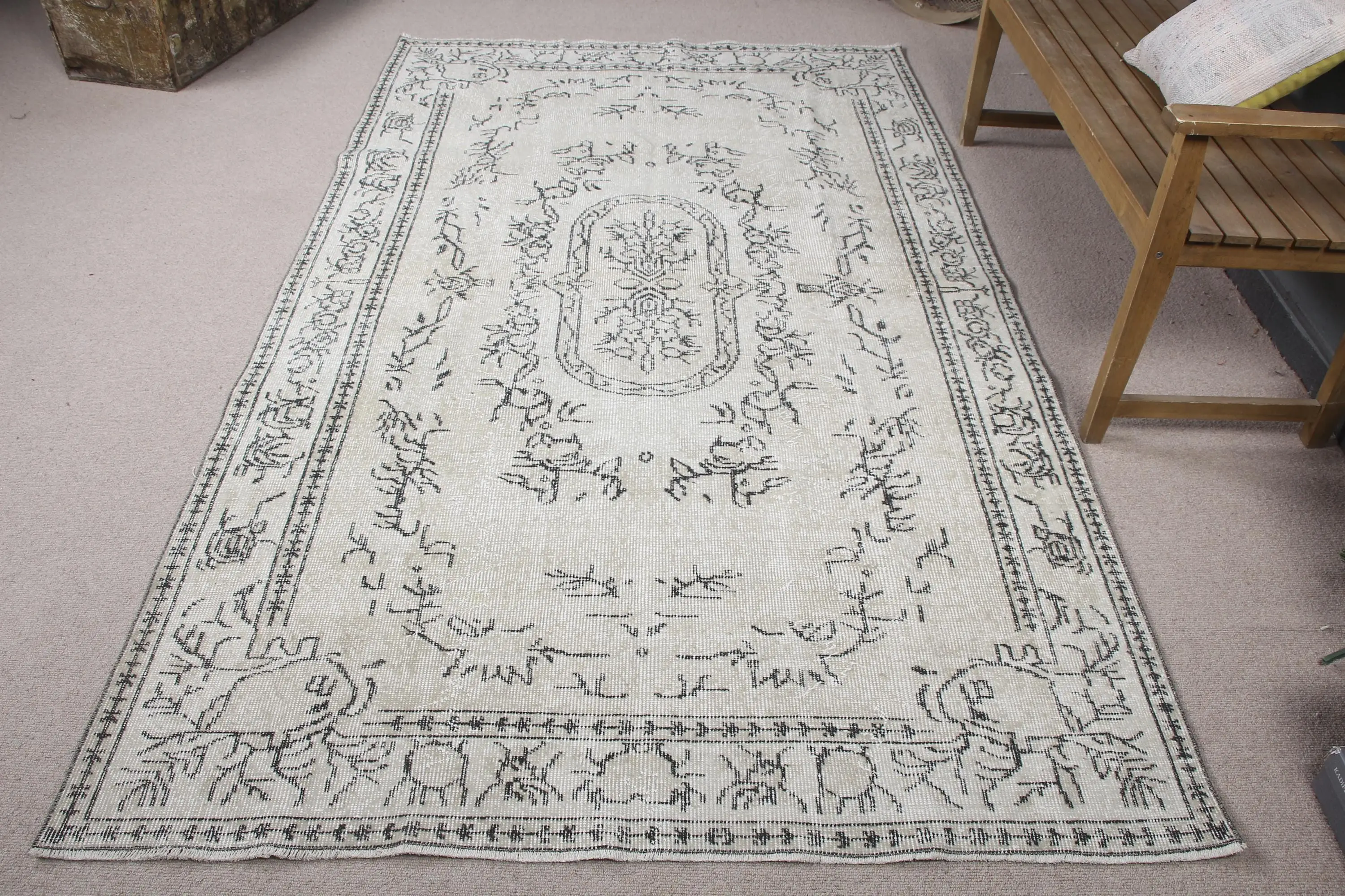 5.1x8.7 ft Vintage Halı, Beyaz Oryantal Türk Halısı Yün - 1