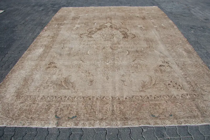 Turkish Oushak Rug 9.3x12.4 ft (283x378 cm), Brown Moroccan Vintage Rug - 1