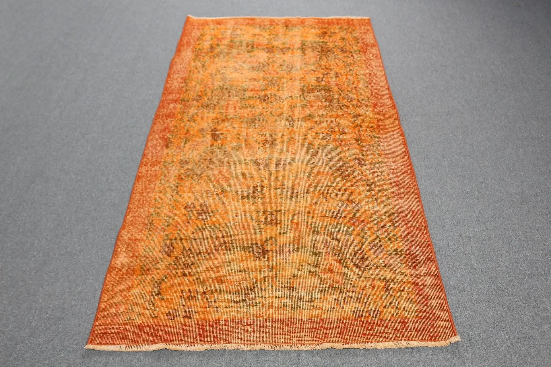 Türk Vurgulu Halı 3,4x6,7 ft (105x204 cm), Vintage Turuncu Puantiyeli Yün Halı - 1