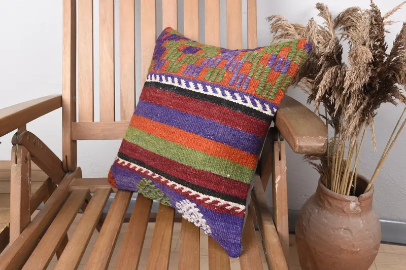 Colorful Cushion Case, Wool Kilim Pillow Pillow Case, Boho Pillow, Turkish Pillow, Pillow Cover, 16x16 Green Cushion Cover, Home Decor Pillow - 3