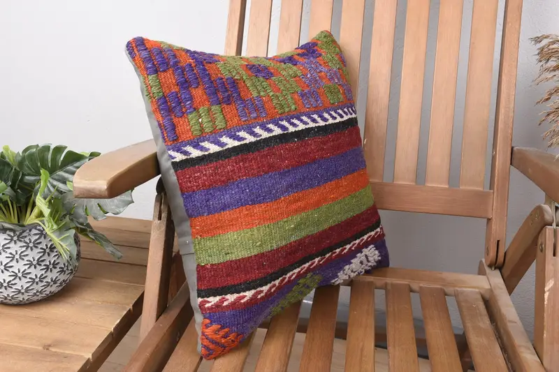Colorful Cushion Case, Wool Kilim Pillow Pillow Case, Boho Pillow, Turkish Pillow, Pillow Cover, 16x16 Green Cushion Cover, Home Decor Pillow - 2