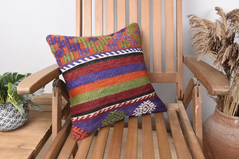 Colorful Cushion Case, Wool Kilim Pillow Pillow Case, Boho Pillow, Turkish Pillow, Pillow Cover, 16x16 Green Cushion Cover, Home Decor Pillow - 1
