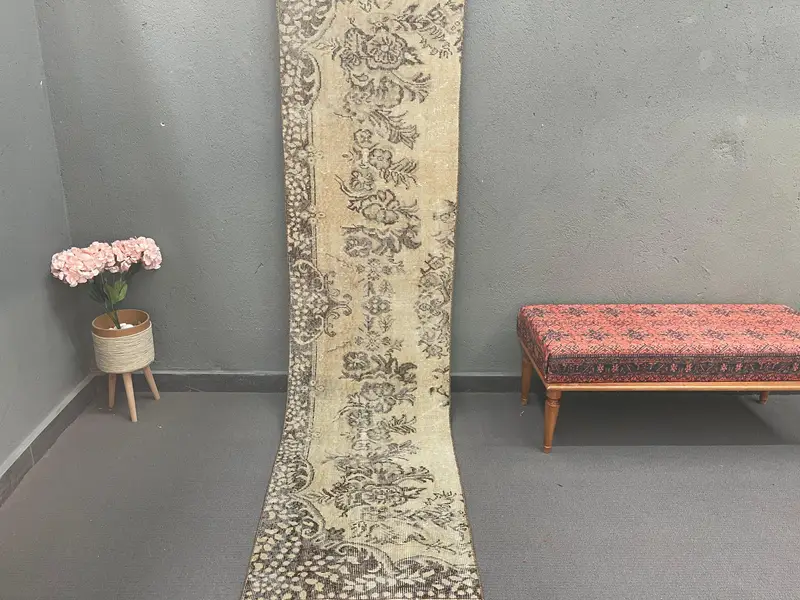 Turkish 2.2x9.3 ft Rug, Oushak Vintage Rug, Brown Floral Rug Wool - 1