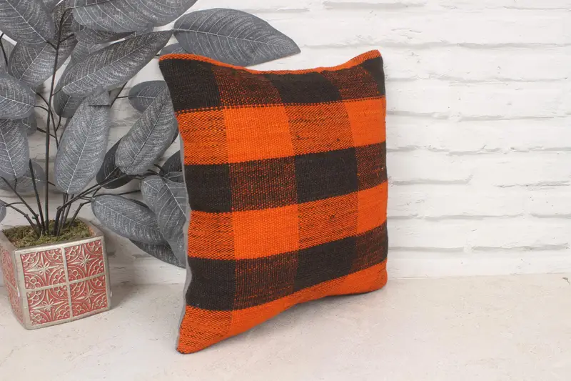 Ethnic Throw Cushion Cover, 14x14 Orange Cushion, Vintage Pillow, Cushion, Vintage Kilim Pillow, Boho Pillow Sham Cover, Chair Cushion Case - 3