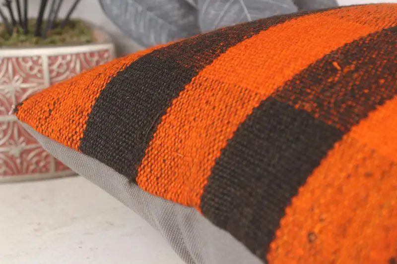 Ethnic Throw Cushion Cover, 14x14 Orange Cushion, Vintage Pillow, Cushion, Vintage Kilim Pillow, Boho Pillow Sham Cover, Chair Cushion Case - 7
