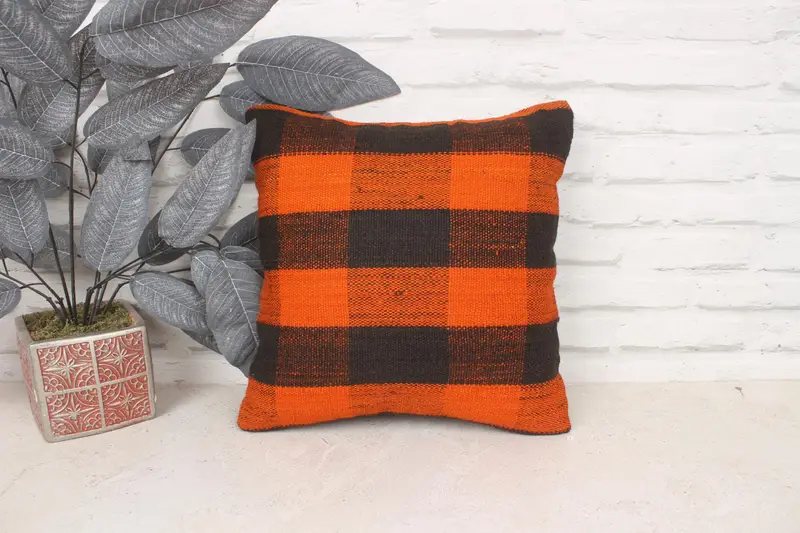 Ethnic Throw Cushion Cover, 14x14 Orange Cushion, Vintage Pillow, Cushion, Vintage Kilim Pillow, Boho Pillow Sham Cover, Chair Cushion Case - 1