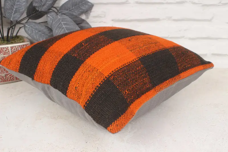 Ethnic Throw Cushion Cover, 14x14 Orange Cushion, Vintage Pillow, Cushion, Vintage Kilim Pillow, Boho Pillow Sham Cover, Chair Cushion Case - 6