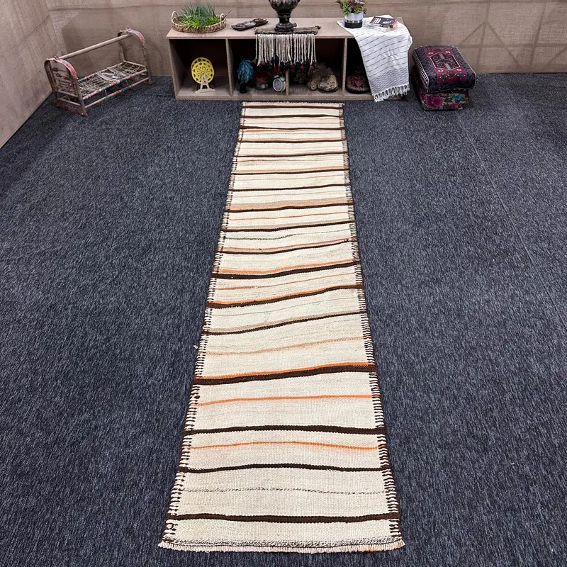 Kilim Rug, 2.7x9.1 ft Turkish Rug, Brown Striped Rug Wool - 1