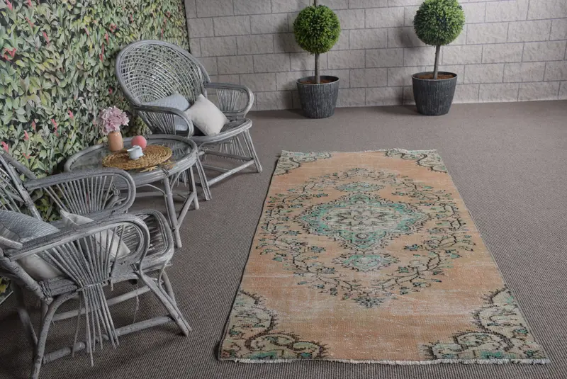 3.8x7.4 ft Türk Halısı, Vintage Alan Halısı, Kahverengi Mavi Bitkiler ve ağaçlar Halısı - 1