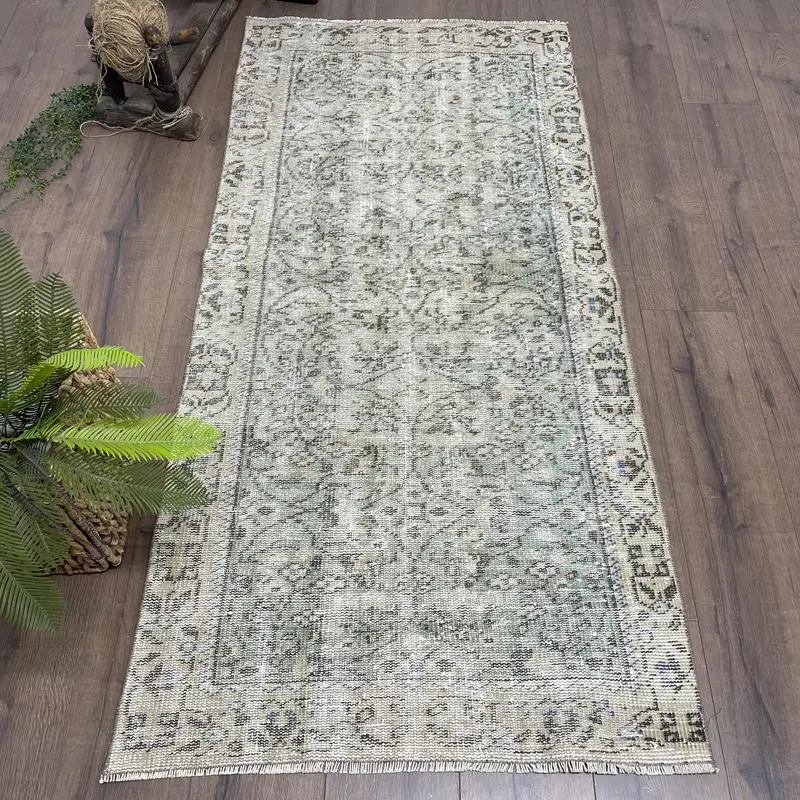 Alfombra Verde 2,9x6ft, Rayas con Formas Geométricas